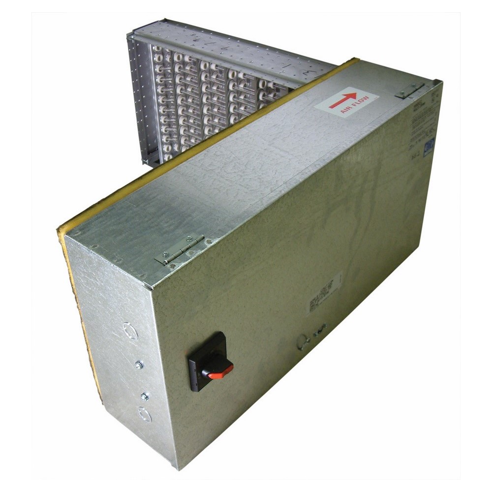 Packaged Duct Heater, 50 KW, 480 V, 3 PH, Minimum Duct Depth- 30 IN, Galvanized Steel Housing, Dimensions- 36 Length X 36.5 Width X 16 Height IN, 60.2 AMP, 3 Step