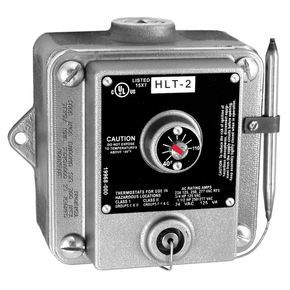 Thermostat, Silver-Gray Finish, Outside Depth- 5.57 IN, Outside Width- 5-3/4 IN, 22 AMP, Outside Height- 6-3/8 IN, Double Pole, Thermostat Type- Double Pole Model, 120 - 277 VAC, Temperature Rating- 40 - 110 DEG F, HLT Series