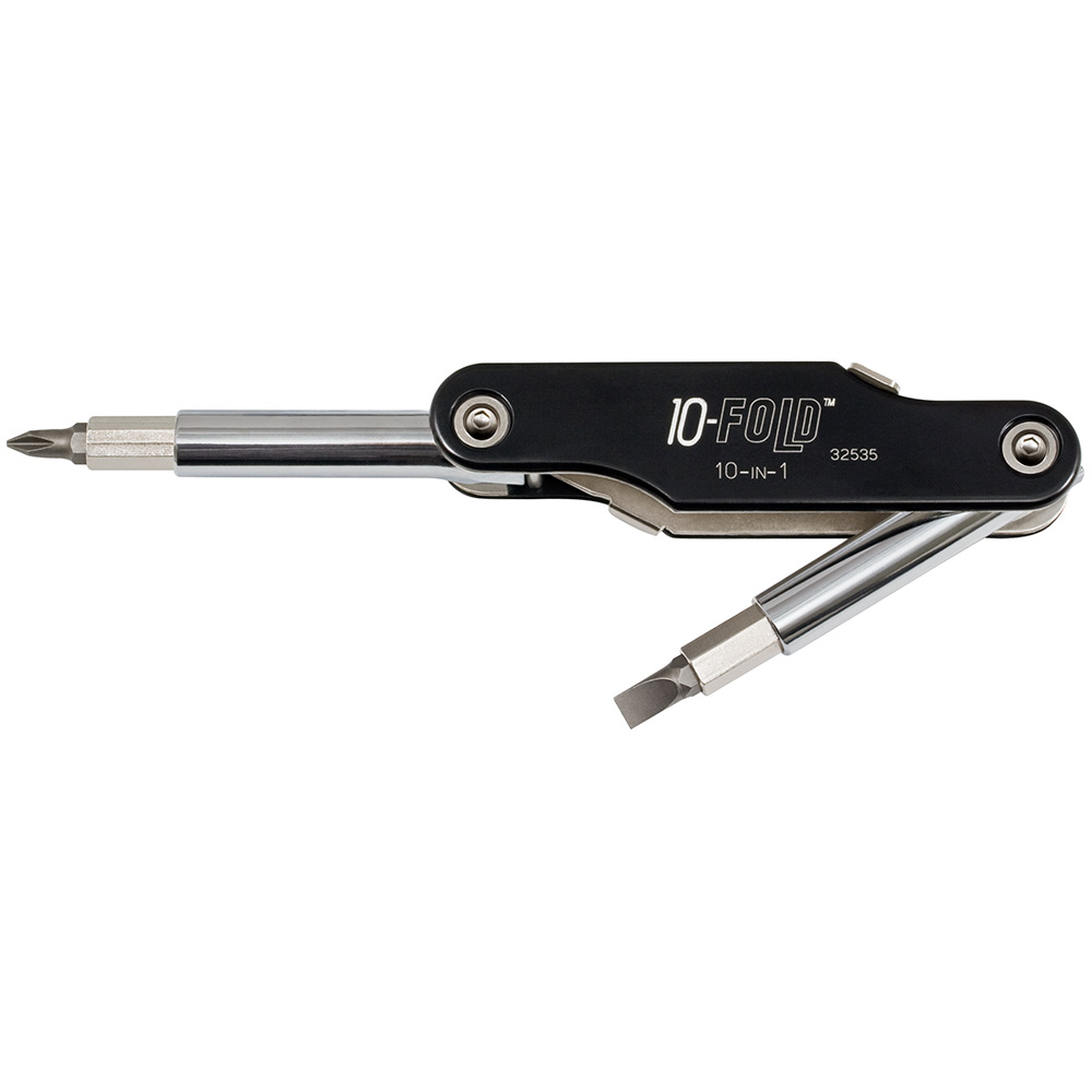 10-in-1 10 Fold Screwdriver / Nut Driver, Folding pocket-style 10-in-1 tool with interchangeable bits - 8 screwdriver sizes and 2 nut drivers