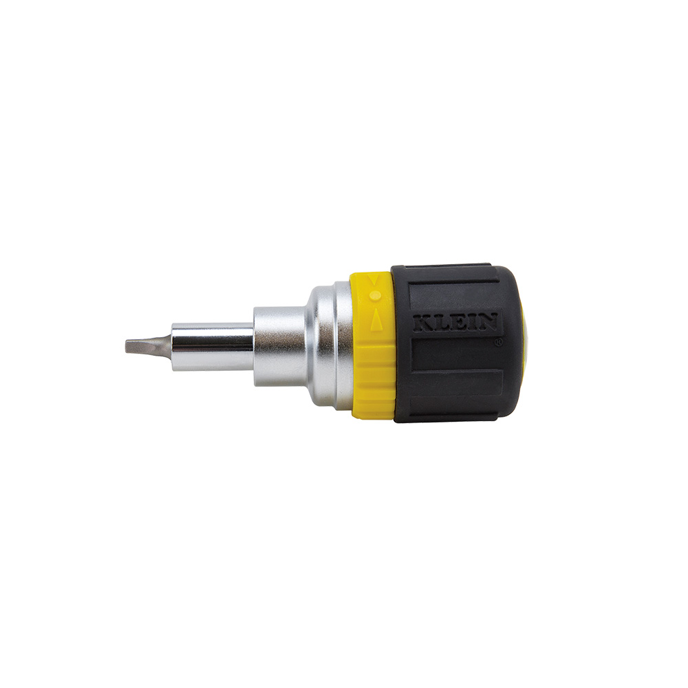 Multi-Bit Ratcheting Screwdriver, 6-in-1, Stubby, Ph, Sl, Sq, Nut Bits, Stubby screwdriver with ratcheting mechanism that allows user to work faster and with more efficiency