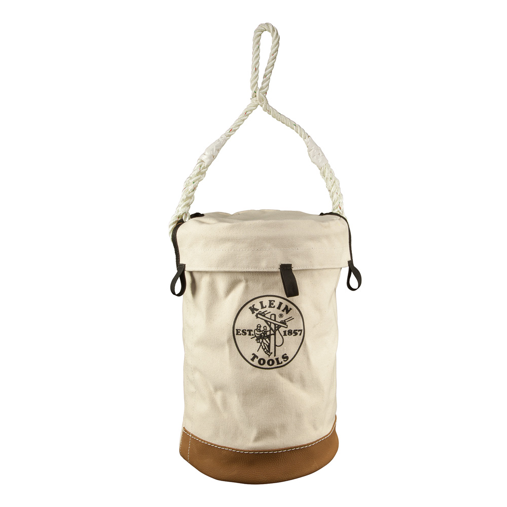 Leather Bottom Bucket with Top, Tool Bucket top with Velcro® brand fasteners and multiple attachment loops for easy access and tool storage