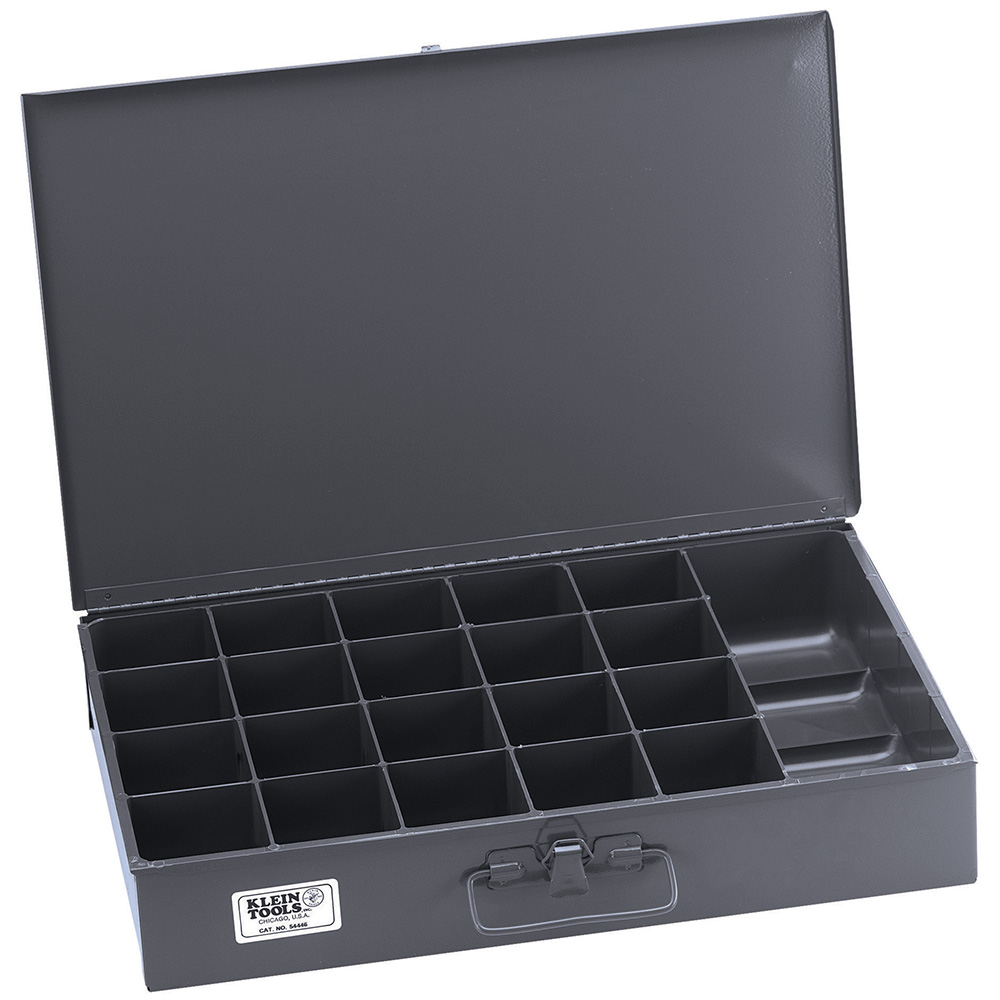54446 092644546143 Extra-Large 21-Compartment Storage Box, Each box has a carrying handle, positive pull-down locking catch