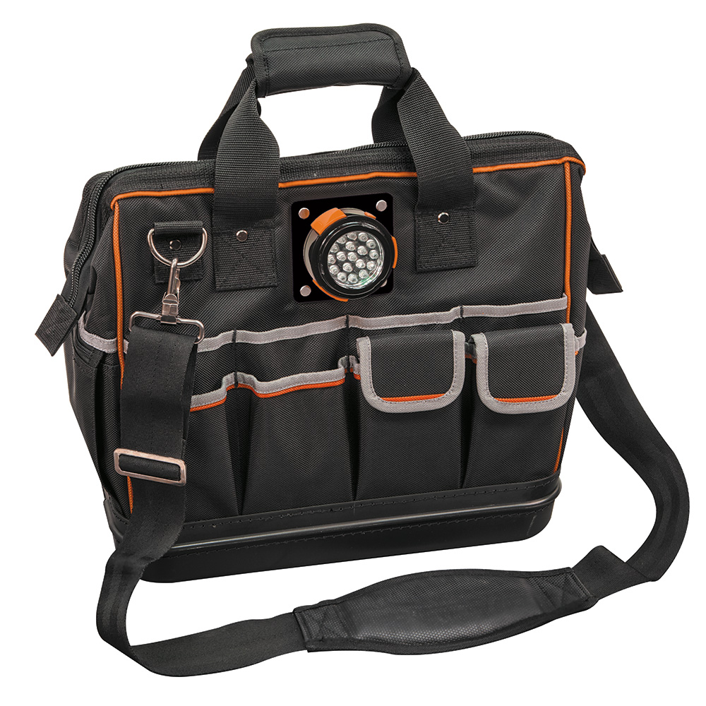 Tool Bag, Tradesman Pro™ Lighted Tool Bag, 31 Pockets, 15-Inch, Tool Bag's twist on/twist off removable LED light can be positioned to illuminate inside the bag or the workspace