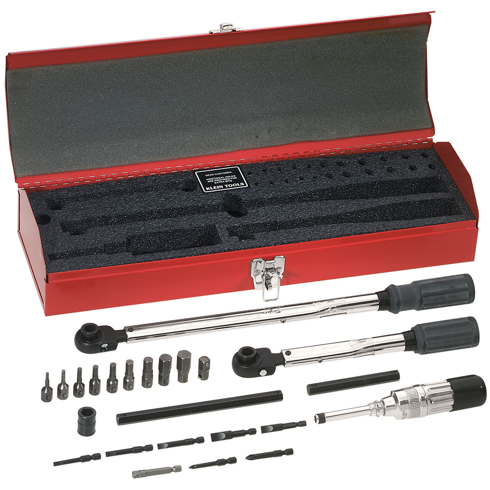 Master Electrician's Torque Wrench Set, 25-Piece, One 7/16-Inch internal hex drive micrometer-adjustable torque wrench. Torque range: 200-1200 inch-pound (22.6-135.6 Nm) with 10 inch-pound incremements (1.1 Nm)