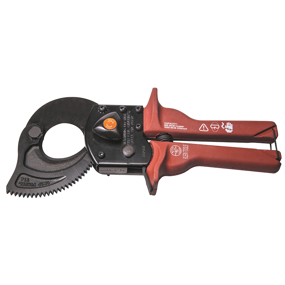 Compact Ratcheting Cable Cutter, High-leverage ratcheting mechanism cuts 1000 MCM Al, 600 MCM Cu and up to 2-1/16-Inch (5.2 cm) communications cable leaving no burrs or sharp edges