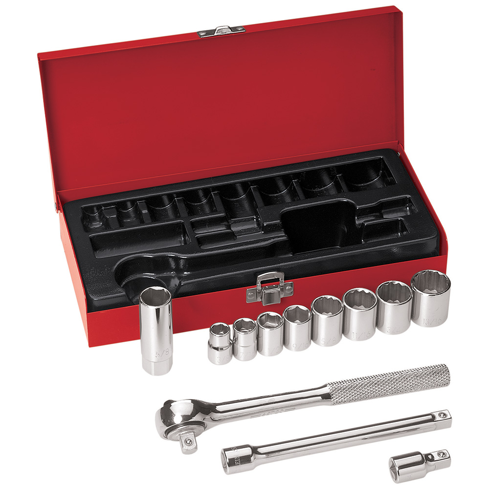 3/8-Inch Drive Socket Wrench Set, 12-Piece, Four 6-point sockets: 3/8-Inch, 7/16-Inch, 1/2-Inch, and 9/16-Inch