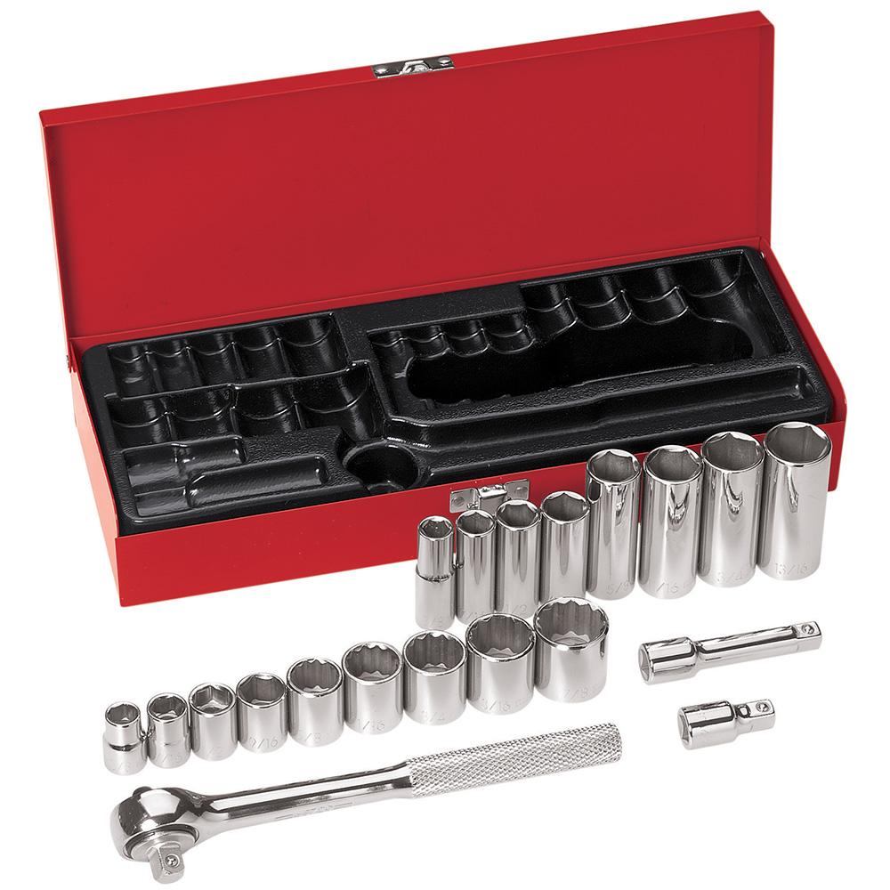 3/8-Inch Drive Socket Wrench Set, 20-Piece, Four 6-point sockets: 3/8-Inch, 7/16-Inch, 1/2-Inch, and 9/16-Inch