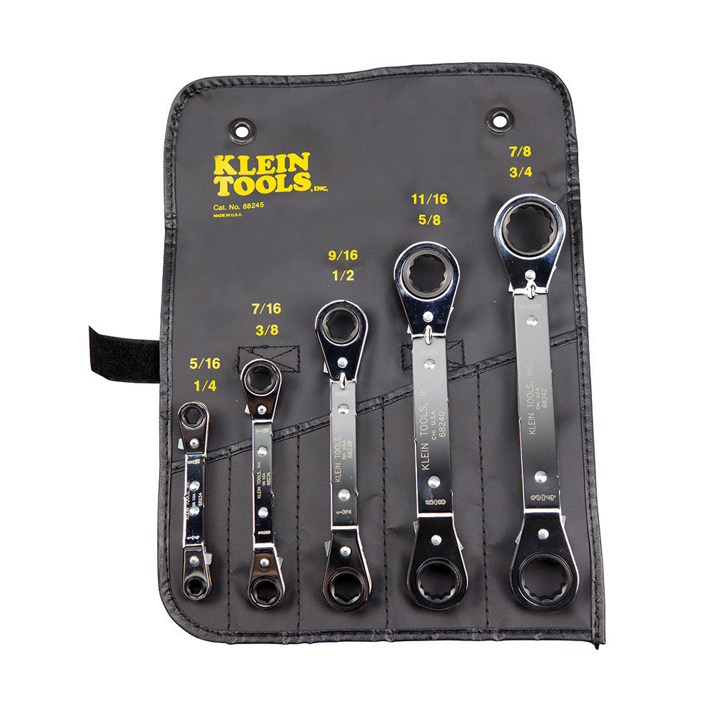 Ratcheting Box Wrench Set, 5-Piece, Five ratcheting box wrenches packed in a vinyl 8-1/2-Inch x 10-Inch (21.6 x 25.4 cm) H roll-up pouch with individual pockets