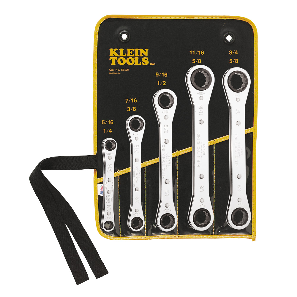 Reversible Ratcheting Box Wrench Set, 5-Piece, Set of offset reversible ratchet box wrenches in heavy plastic roll-up pouch