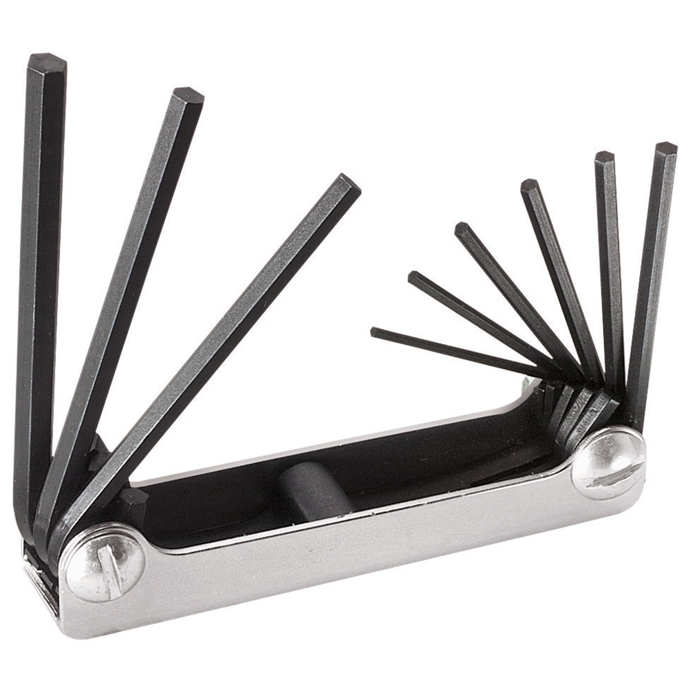Folding Hex Key Set, 9-Key, SAE Sizes, Folding Hex Keys with two key positions (straight-out or right angle) for extra leverage