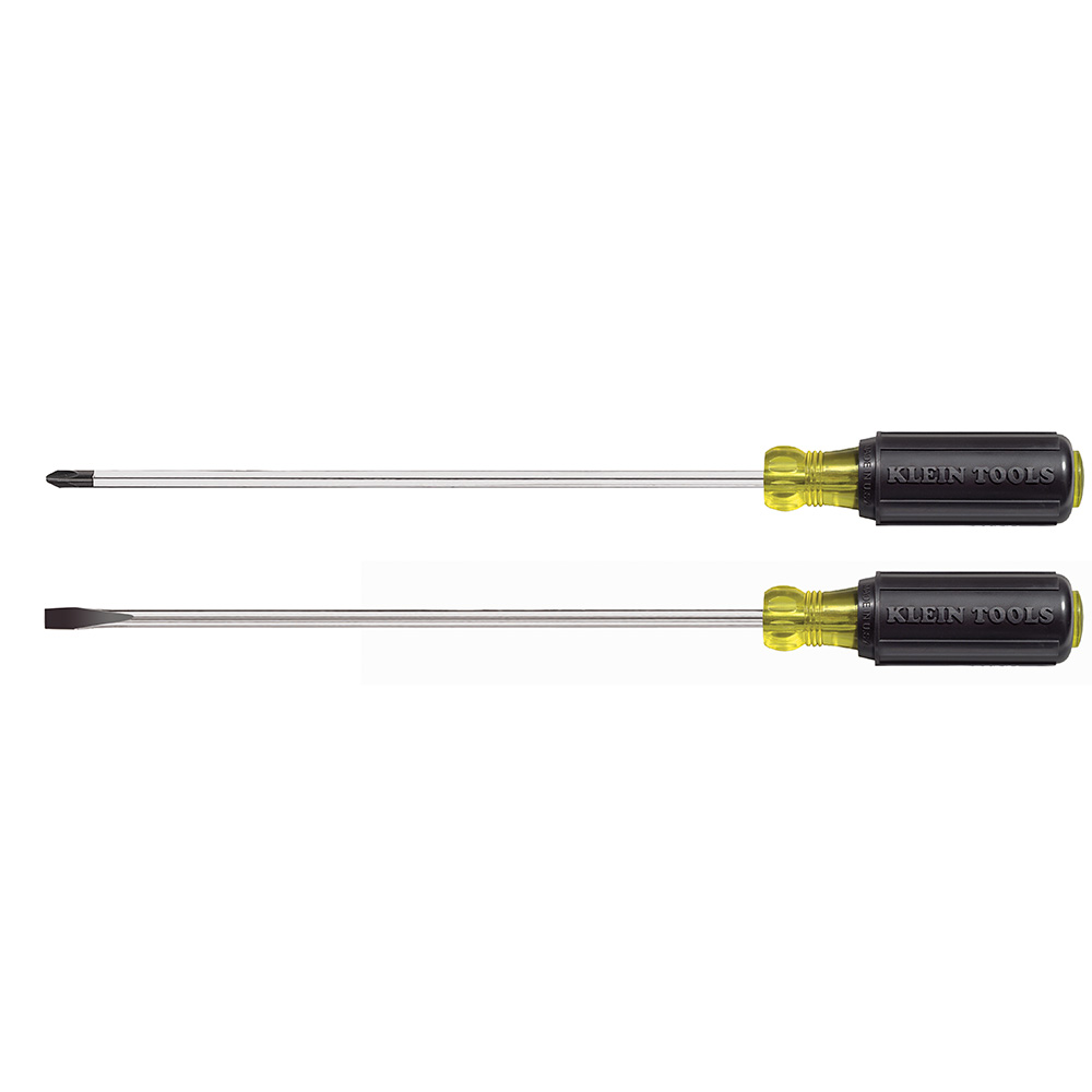 Screwdriver Set, Long Blade Slotted and Phillips, 2-Piece, Long blade screwdrivers are ideal for hard-to-reach places where length is necessary