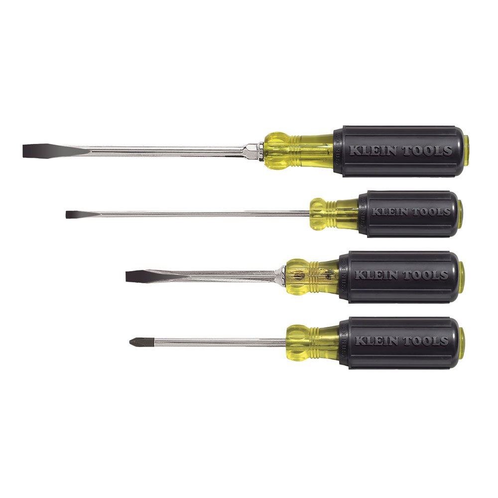 Screwdriver Set, Slotted and Phillips, 4-Piece, Screwdriver Set includes one Phillips-tip, two keystone-tip and one cabinet-tip screwdrivers