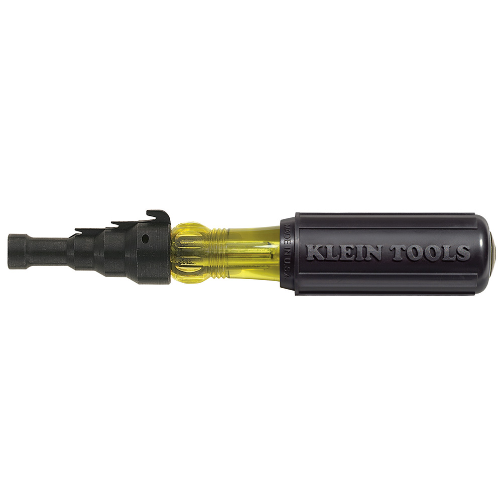 Conduit Fitting and Reaming Screwdriver, Reamer's hooded-blade design keeps tip from slipping out of screws, especially when tightening hard-to-reach conduit fittings thicker hood is designed for rugged use
