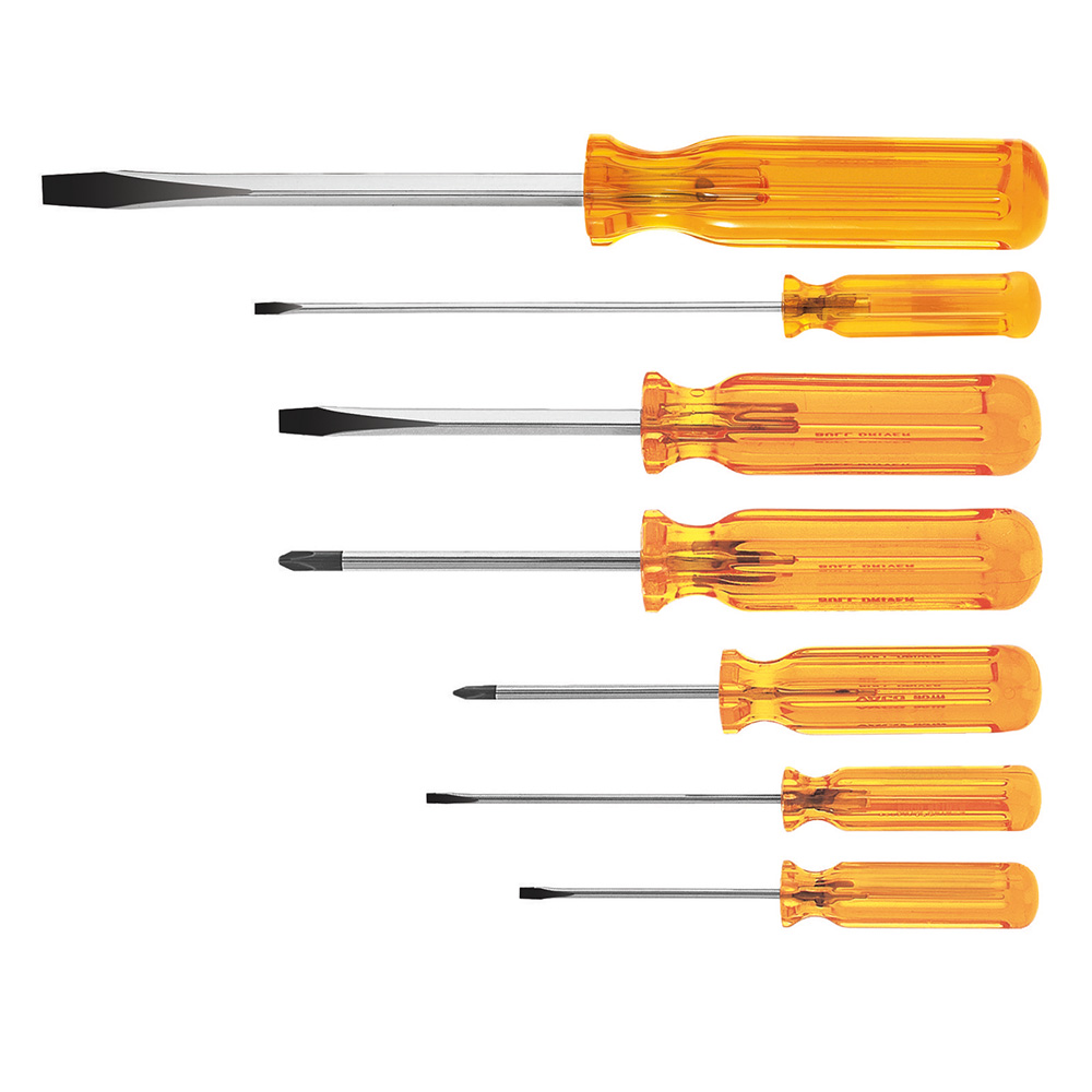 Screwdriver Set, Slotted and Phillips Bull, 7-Piece, Screwdriver Set contains: Two Phillips-tip Bull Driver screwdrivers, two slotted keystone-tip screwdrivers, and three popular cabinet-tip screwdrivers