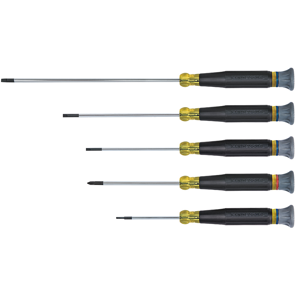 Screwdriver Set, Electronics Slotted and Phillips, 5-Piece, Precision Screwdrivers feature rotating caps for optimum and precise control