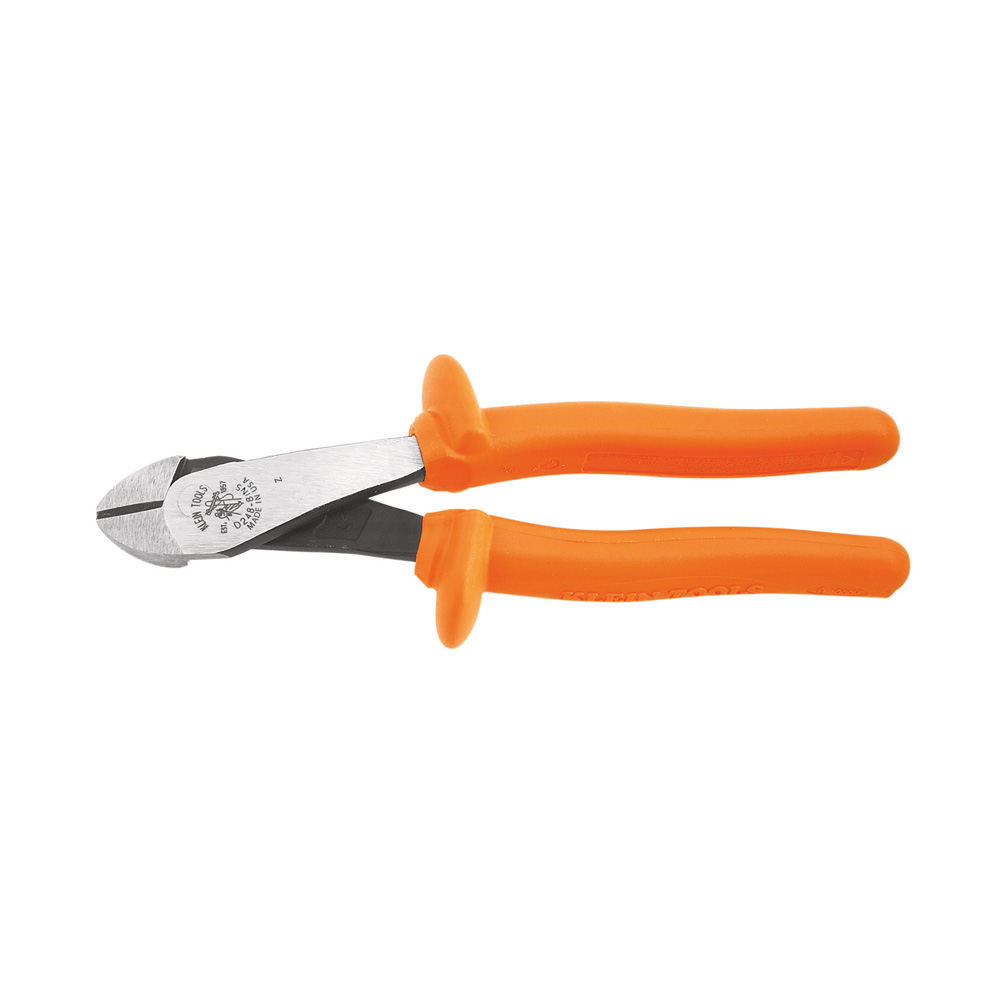 Diagonal Cutting Pliers, Insulated, High-Leverage, Angled Head, 8-Inch, Diagonal Cutters with flame retardant, impact-resistant, bright orange outer coating with two layers of insulation to protect against electric shock