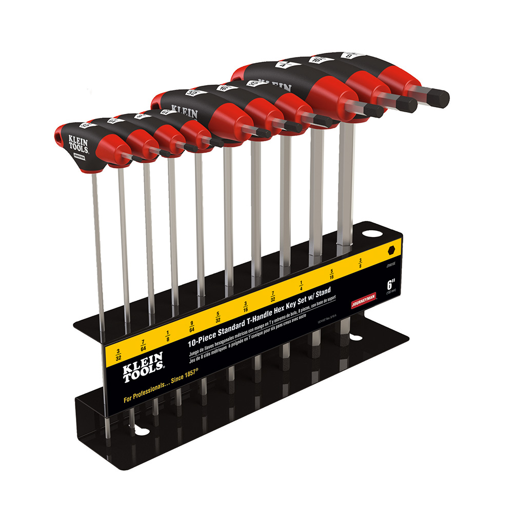 Hex Key Set, SAE T-Handle, 6-Inch, with Stand, 10-Piece, T-handle hex key design delivers maximum power