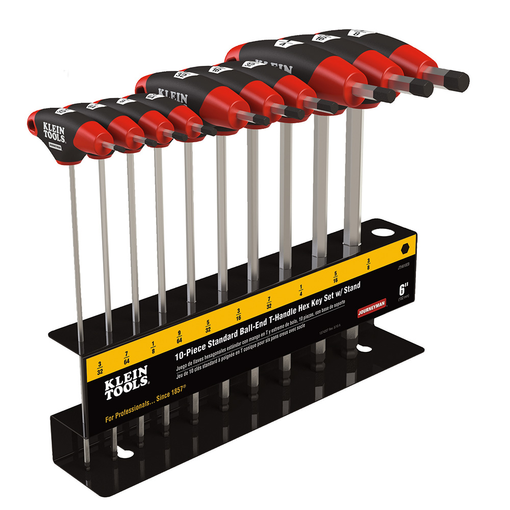 Hex Key Set, SAE Ball End T-Handle, 6-Inch, with Stand, 10-Piece, T-handle hex key design delivers maximum power