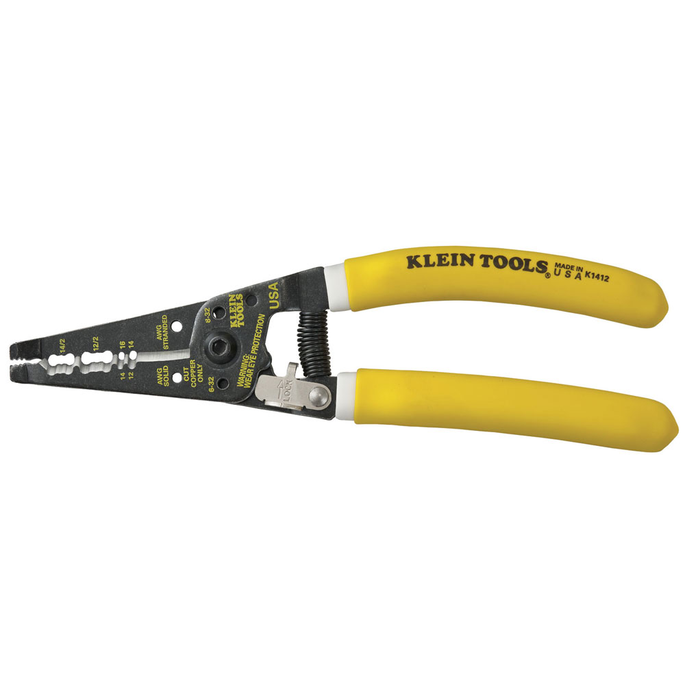 Klein-Kurve® Dual NM Cable Stripper/Cutter, 12/2 and 14/2 stripping slots quickly remove outer jacket of Type NM-B non-metallic sheathed cable