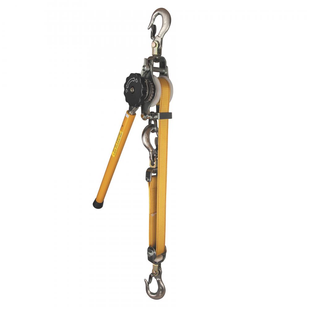 Web-Strap Ratchet Hoist, Large, non-conductive dial (drum knob) allows web slack to be adjusted with ease