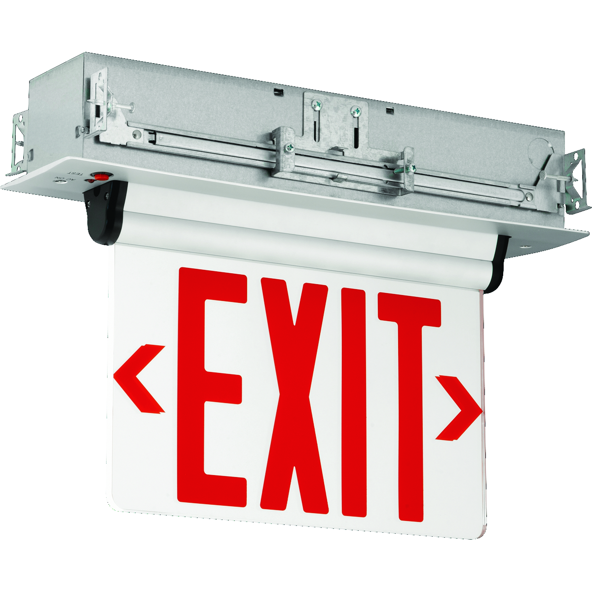 CEL series edge-lit LED emergency exit, Mounting Type: recessed mount, Number of Faces: double-face, Face style: Double Face, Wording On Sign: EXIT, Letter Color: red, Housing Finish: satin aluminum, Operation: emergency operation, Battery Type: Nickel Cadmium, Battery Runtime: 90 min, Voltage Rating: 120/277 VAC.