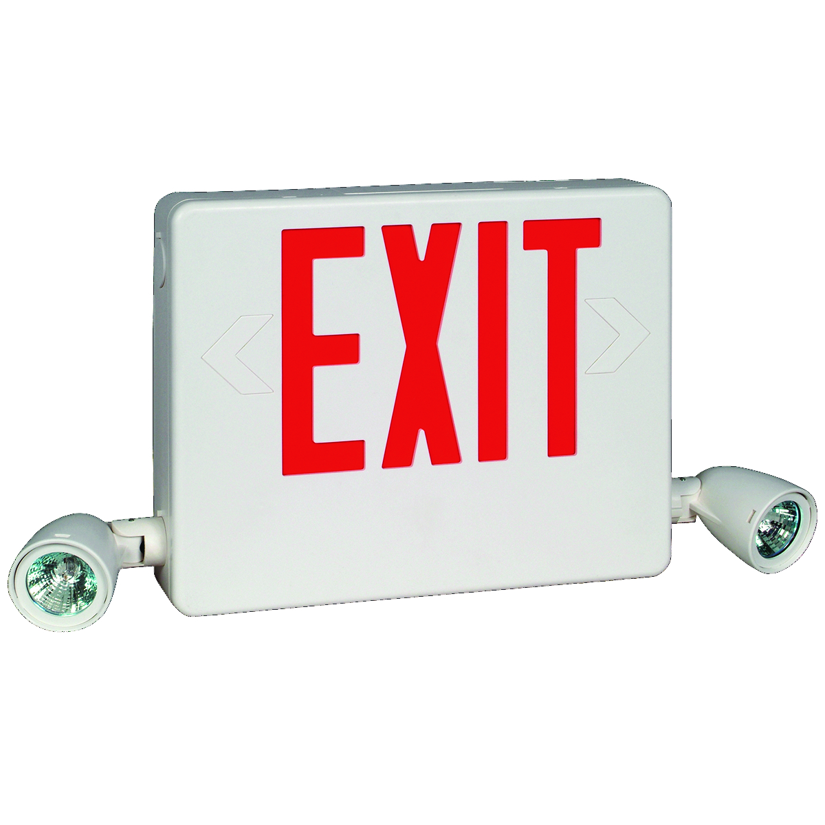 HCX Series side mount LED desiner combination exit/emergency light, Mounting Type: Wall, ceiling, end mount, Face style: Universal Single/Double Face, Wording On Sign: EXIT, Letter Color: red, Color: white, Number of Lamps: 2, Operation: emergency op...