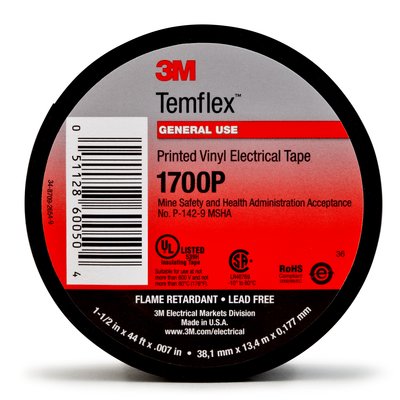3M™ Temflex™  1700P is a 7 mil thick, mining grade, vinyl electrical tape that is flame retardant and  printed with MSHA (Mine Safety and Health Administration) product approval. It is for use in MSHA approved splicing kits and has excellent resistance to abrasion, moisture, alkalies, acid, copper corrosion and varying weather conditions without adding bulk. UL Listed and CSA Certified.