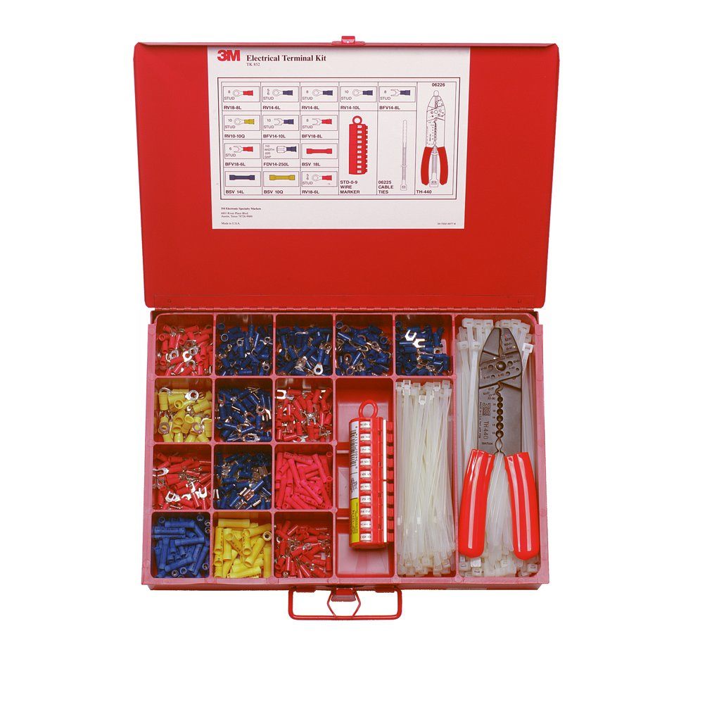 3M™ Scotchlok™ Terminal Kit includes an assortment of 650 insulated terminals (rings, forks, butt connectors and disconnects), 200 3M Cable Ties, a 3M Scotchlok Crimp Tool TH-440 , and a 3M ScotchCode™ Tape Dispenser STD-0-9. It has individual compar...