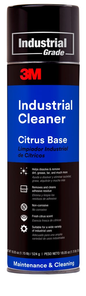 3M™ Industrial Cleaner Citrus Base is our remarkable liquid industrial cleaner / degreaser used to help dissolve and remove dirt, grease, tar and many non-curing adhesives. It cleans without streaking and has a fresh citrus scent. In some cases it can be used in place of chlorinated or petroleum-based solvents for degreasing and other industrial applications.