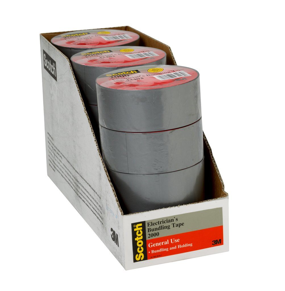 Scotch® 2000 Electrician’s Duct Tape is a 6 mil water resistant duct tape with a polyvinyl chloride (PVC) backing and a rubber adhesive. Scotch 2000 is designed to be an electrician’s utility tape for holding and bundling applications.