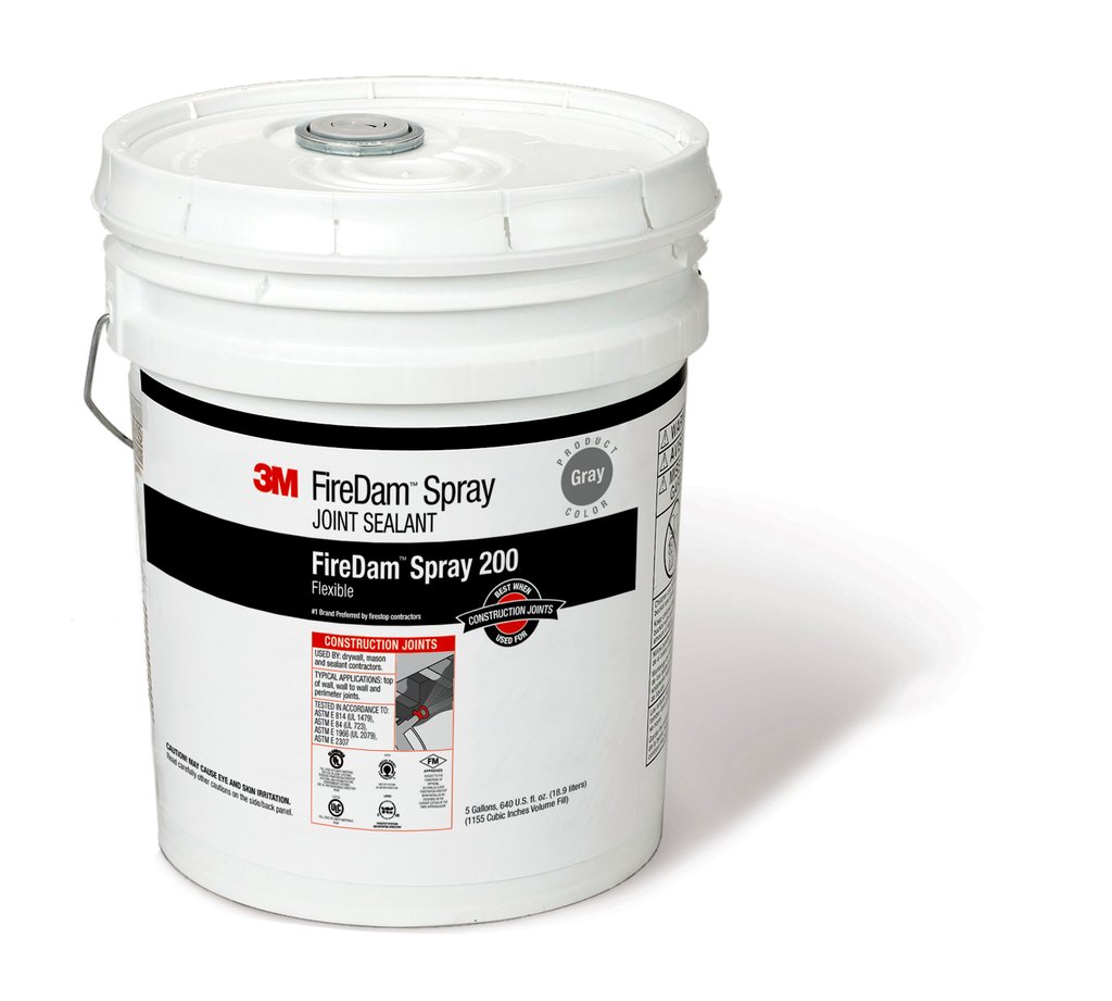 Our 3M™ FireDam™ Spray 200 is a sprayable material that dries to form a tough, elastomeric coating. It will firestop building joints, curtain wall perimeter joints and through penetration seals to control the transmission of fire, heat, smoke and noxious gas. This water-based firestop sealer is applied with conventional airless sprayers, dries quickly and cleans up easily.