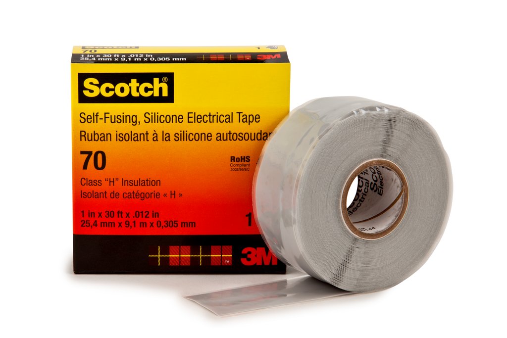 Scotch® Tape 70 is a 12 mil thick, premium grade, electrical tape with silicone rubber backing. This tape is used as a base tape layer for easy re enter connections. It withstands temperatures up to 356 °F (180 °C).