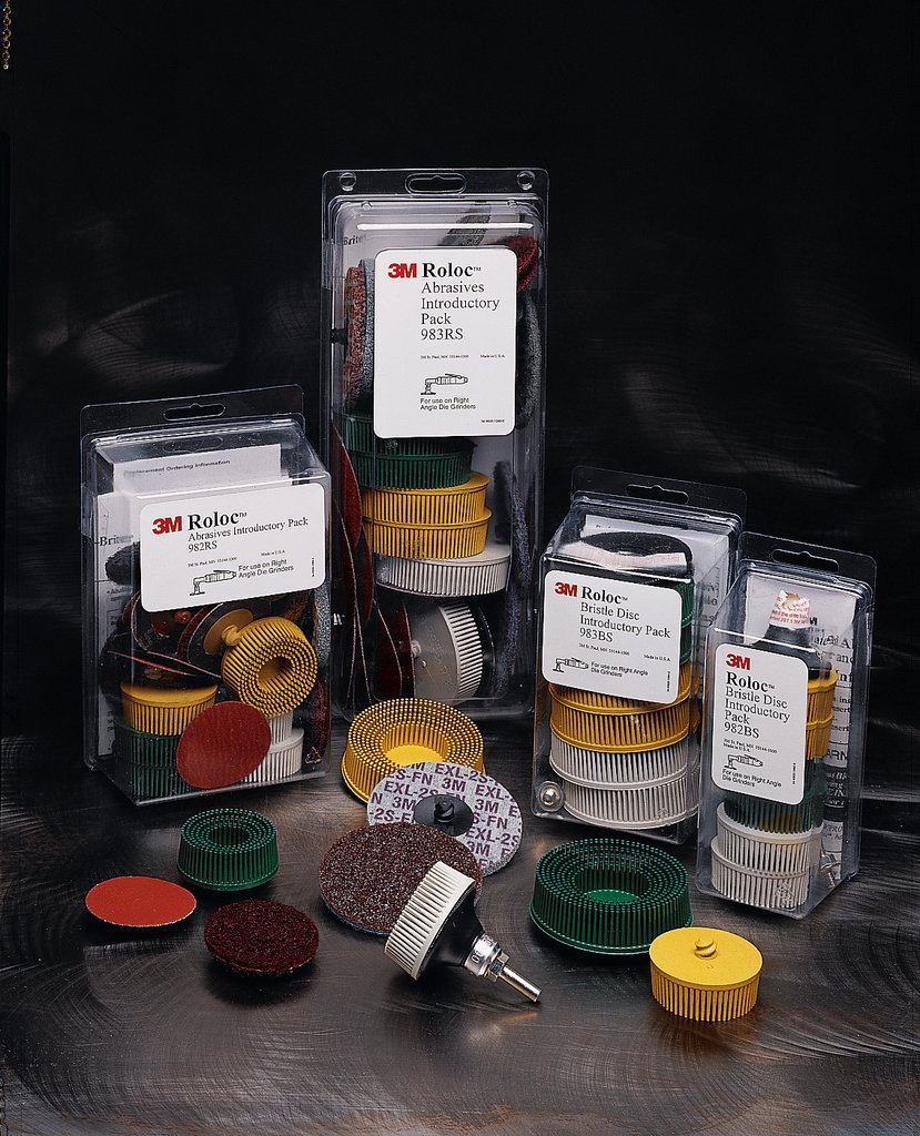 Convenient introductory pack contains a variety of grades of Roloc™ Bristle Discs 3 inch diameter x 5/8 inch trim with a disc pad holder for superior cleaning and coating removal applications.