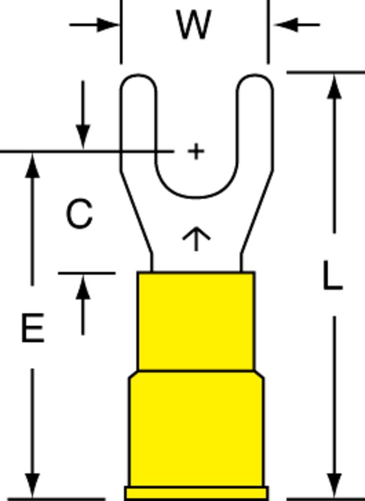 3M™ Scotchlok™ Color-Coded Standard Fork is a lug connection terminal that has a wider tongue for use on free-standing studs. The terminal has a vinyl-insulated, brazed-seam barrel and withstands temperatures of -40 to 221 degrees F (-40 to 105 degrees C). Electrolytic copper construction offers good conductivity and a tin-plated finish resists corrosion.