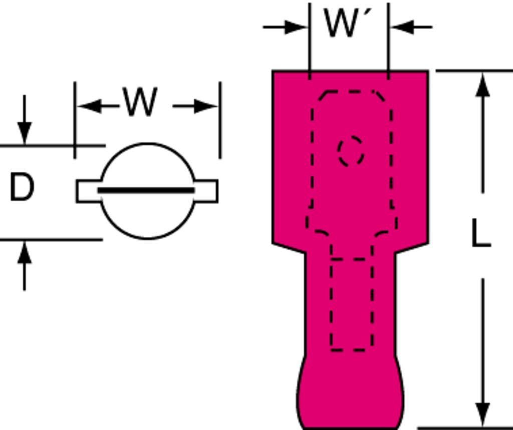 3M™ Scotchlok™ Color-Coded Male Disconnect Terminal offers superior holding force while allowing for quick and easy disconnect. The terminal has a fully insulated, nylon, butted-seam barrel and withstands temperatures of -40 to 221 degrees F (-40 to 105 degrees C). Its electrolytic copper construction offers good conductivity and a tin-plated finish resists corrosion.