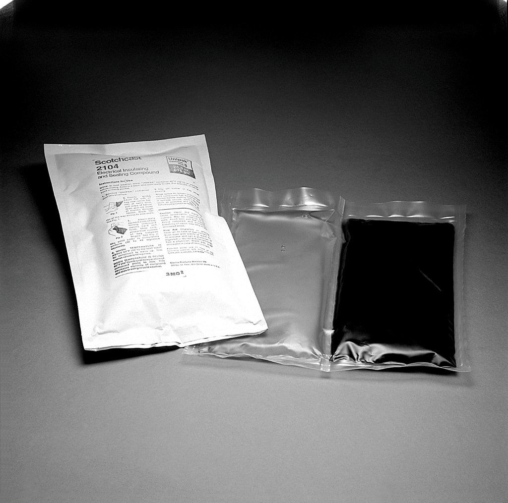 3M™ Scotchcast™ Electrical Insulating and Sealing Compound 2104 is a 2 part, liquid type, semi flexible resin useful for providing permanent splice protection. This polyurethane resin has a good wetting and impregnating property, which makes it easy to infuse on any surface. It is useful for applications that include filling, potting, sealing, insulating and more.