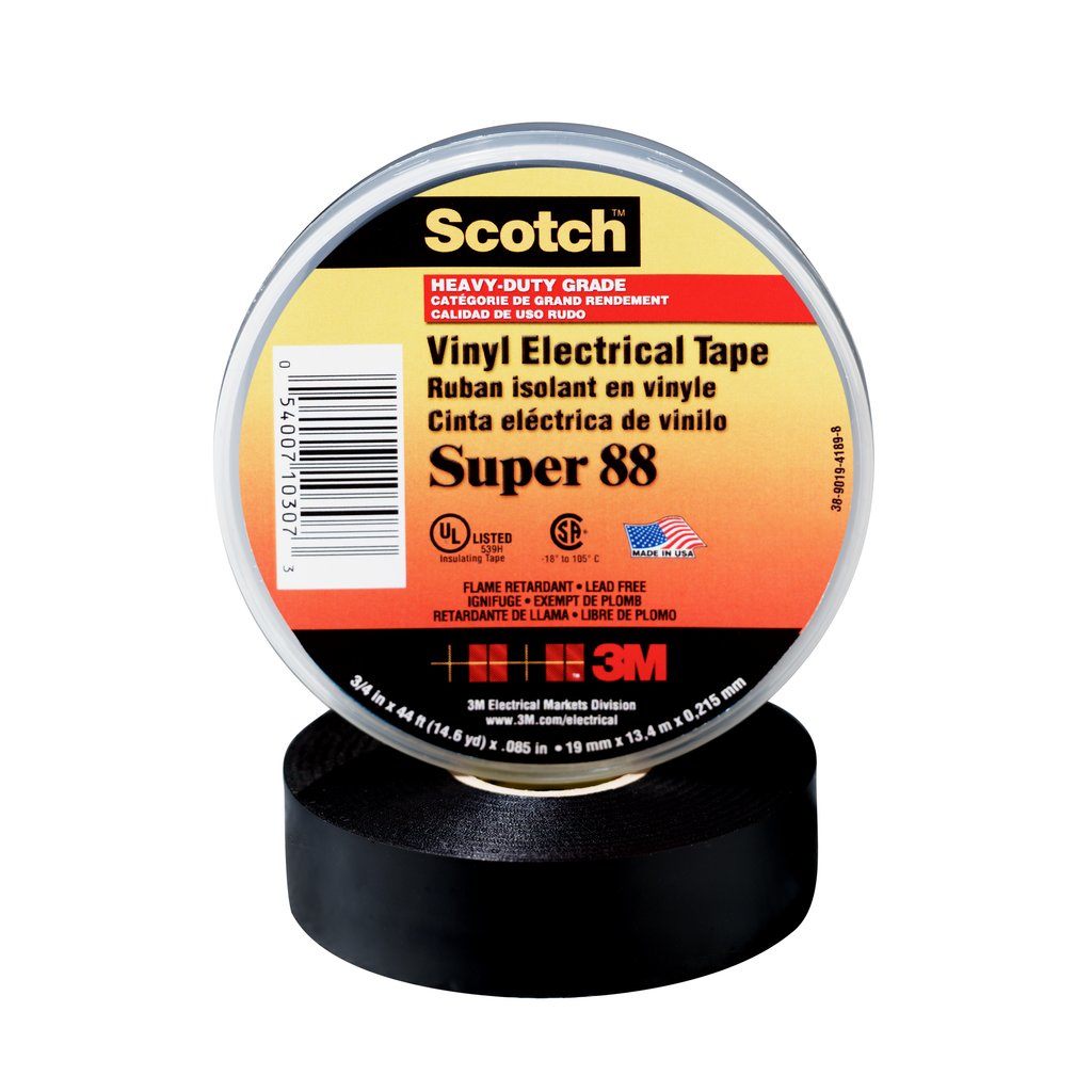 Scotch® Vinyl Electrical Tape Super 88 is an 8.5 mil thick, premium grade, all weather tape that is designed to provide a protective jacket and primary electrical insulation for splices up to 600V. The flame retardant tape withstands a temperature range of 0 to 221 °F ( 18 to 105 °C).