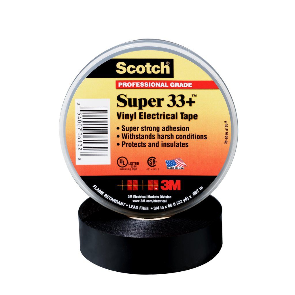 Scotch® Super 33+ Vinyl Electrical Tape is a 7 mil thick, premium grade tape that provides electrical insulation for all wires and cables rated up to 600V. The flame retardant tape withstands a temperature range of 0 to 221 °F ( 18 to 105 °C). It is compatible with solid dielectric cable insulation, synthetic cable insulations, jackets and splicing compounds.