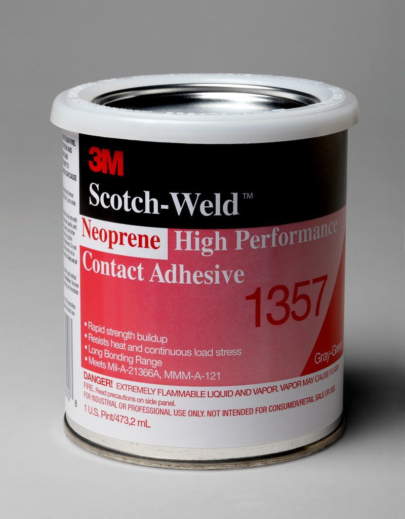 3M™ Neoprene High Performance Contact Adhesive 1357 is a versatile, solvent based adhesive. It offers high immediate handling strength and good heat resistance, and is commonly used for bonding most metals and plastics. It is also suitable for large surface panel or composite lamination.