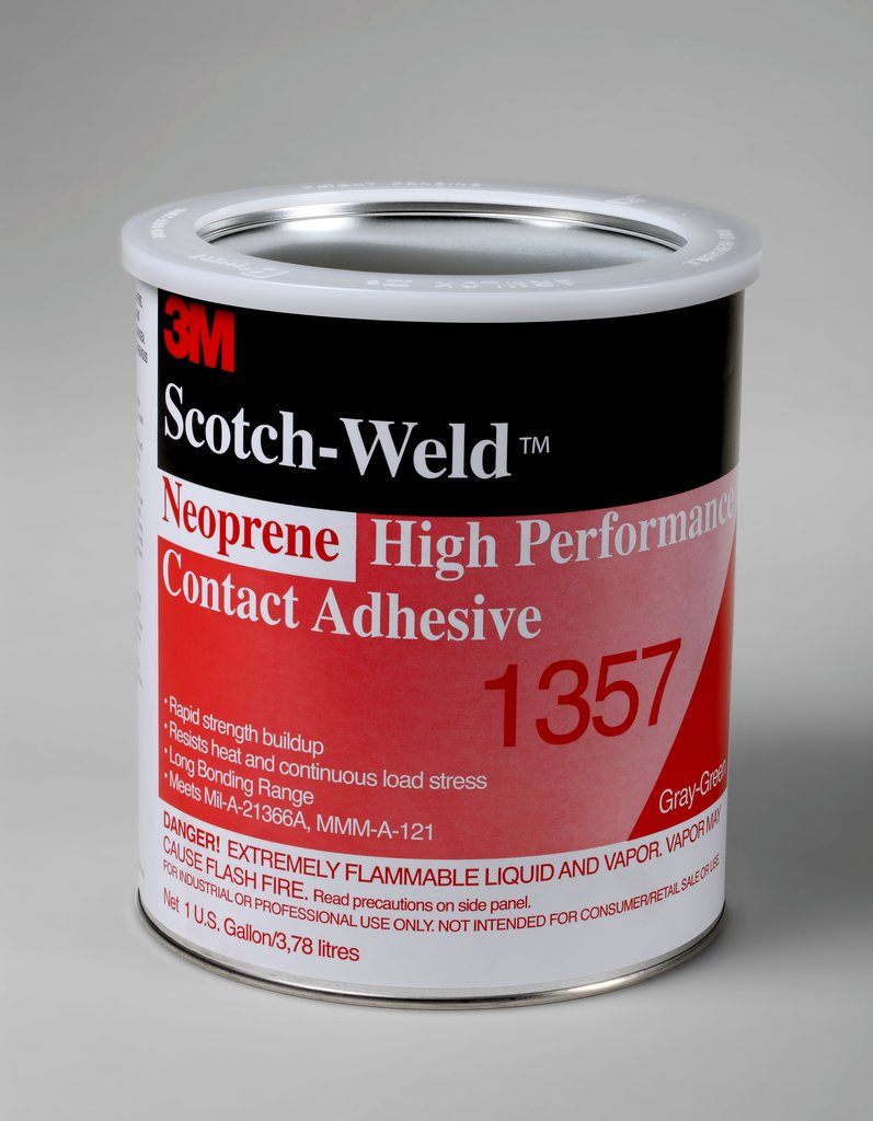 3M™ Neoprene High Performance Contact Adhesive 1357 is a versatile, solvent based adhesive. It offers high immediate handling strength and good heat resistance, and is commonly used for bonding most metals and plastics. It is also suitable for large surface panel or composite lamination.