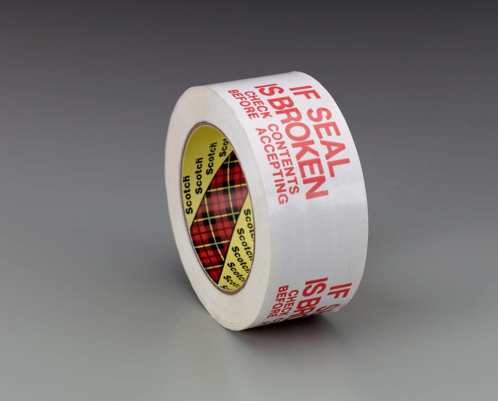 Scotch® Printed Message Box Sealing Tape 3771 is an industrial grade packing tape that securely closes a wide variety of medium weight box materials, including recycled fiberboard. The polypropylene film backing is easy to unwind and resists abrasion, moisture and scuffing. It features a red printed message reading: IF SEAL IS BROKEN CHECK CONTENTS BEFORE ACCEPTING.