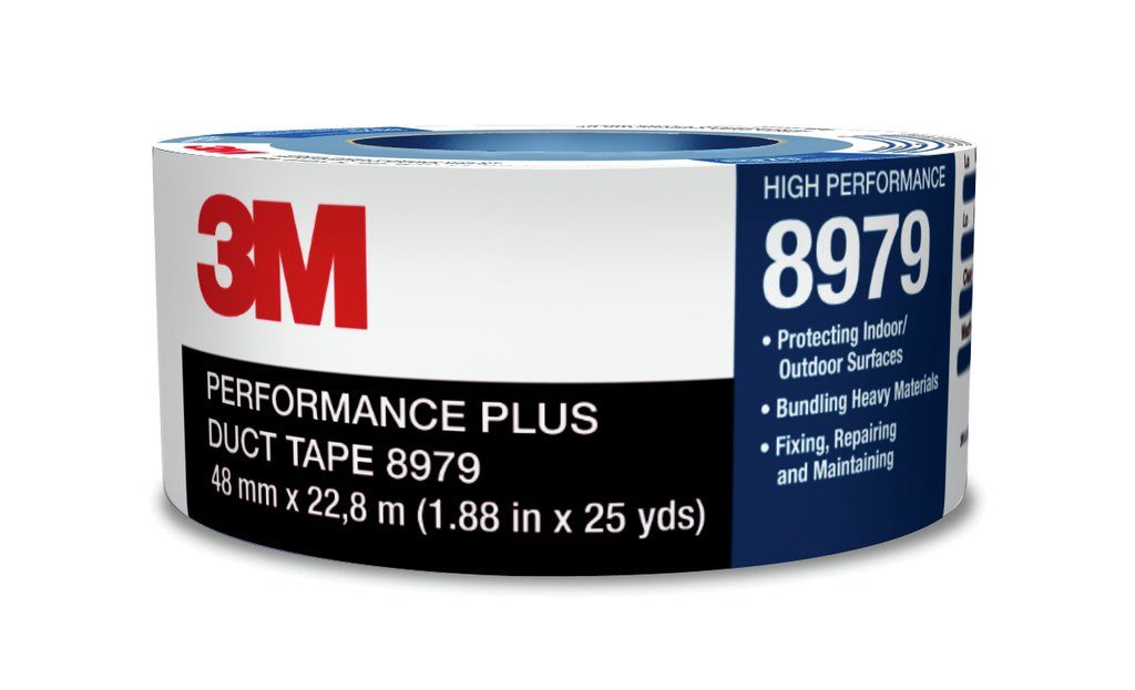 Constructed of polyethylene film laminated to cloth with a rubber adhesive, this tape resists curling and tears off the roll cleanly for easy application on rough surfaces. 3M™ Performance Plus Duct Tape 8979 has a unique construction that allows for applications indoors and outdoors. It is removable with little or no adhesive residue up to six months after application.