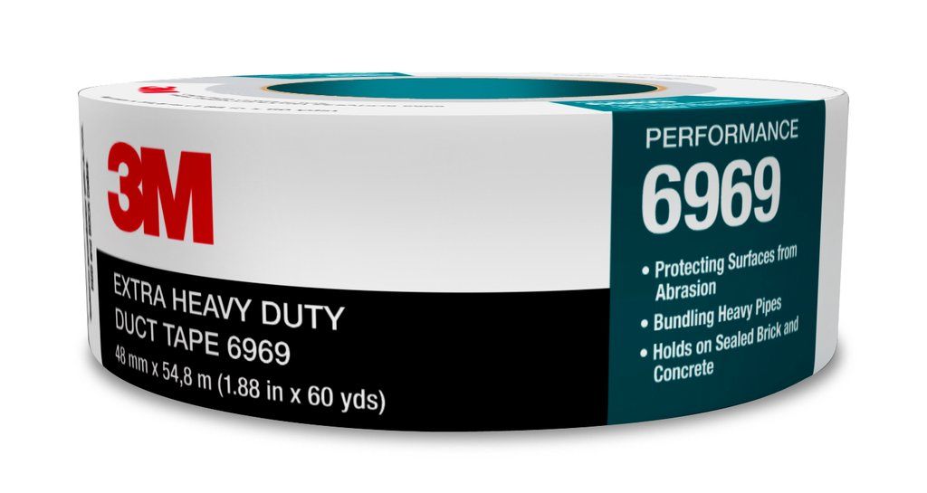 Constructed of polyethylene film laminated to cloth with a rubber adhesive, this economical tape resists curling and tears off the roll cleanly for easy application in MRO/construction. 3M™ Extra Heavy Duty Duct Tape 6969 has a unique construction th...