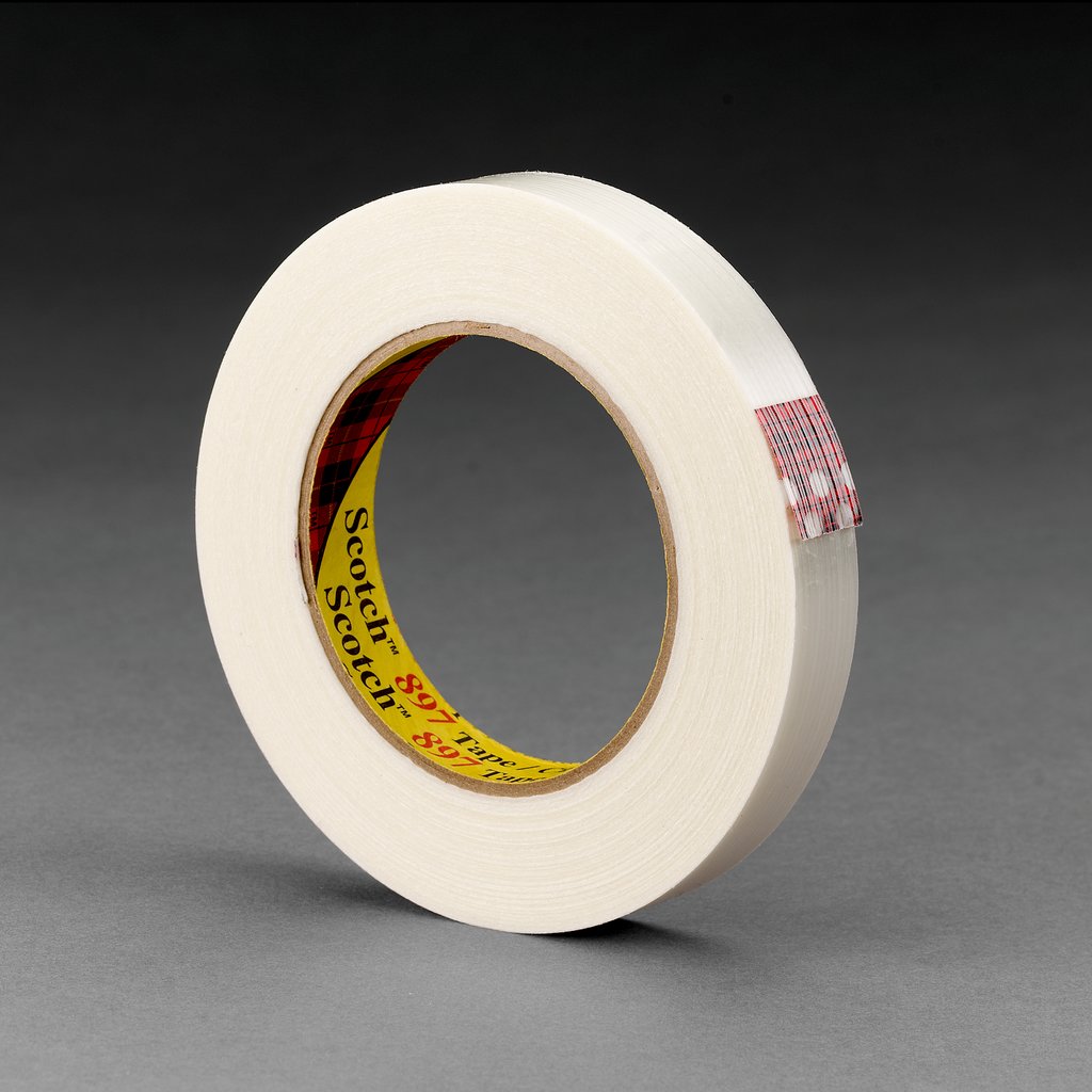Our Scotch® Filament Tape 897 is a medium strength, general purpose, clear fiberglass-reinforced tape -with a synthetic rubber resin adhesive ideal for medium-duty strapping, bundling and reinforcing. Our synthetic rubber resin adhesive provides good adhesion to most surfaces, including a variety of plastics, carpets, natural fibers, and metals.