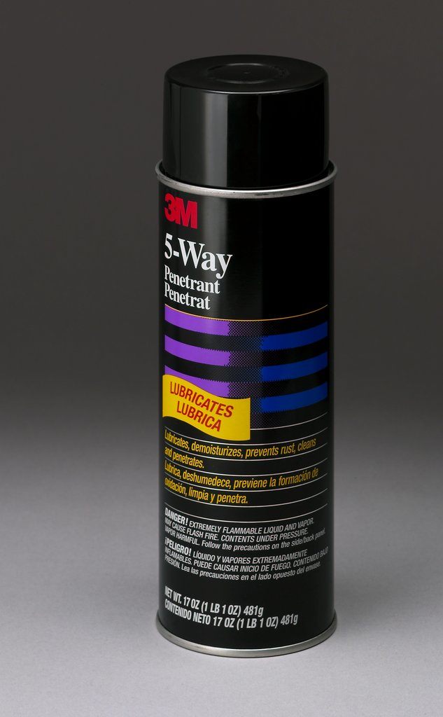 3M™ 5-Way Penetrant is a multi-purpose aerosol spray designed to free unmovable parts that have become rusty or frozen, while displacing moisture. It also works as an excellent light-duty lubricant and can dry out electronics. It has proven to inhibit corrosion and rust in certain applications.