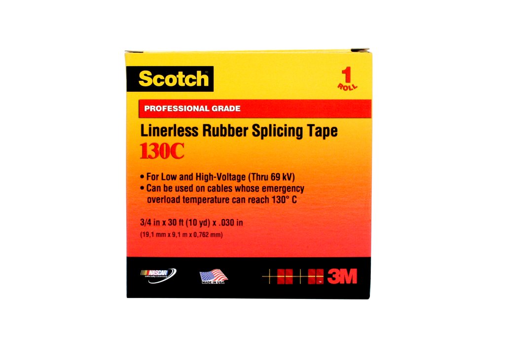 Scotch® Tape 130C is a linerless 30 mil thick, premium grade, rubber splicing tape used for splicing and terminating cables and wires. It withstands temperatures up to 194 °F (90 °C) with emergency overload up to 266 °F (130 °C). The tape has excellent electrical and mechanical properties to provide moisture seal protection.