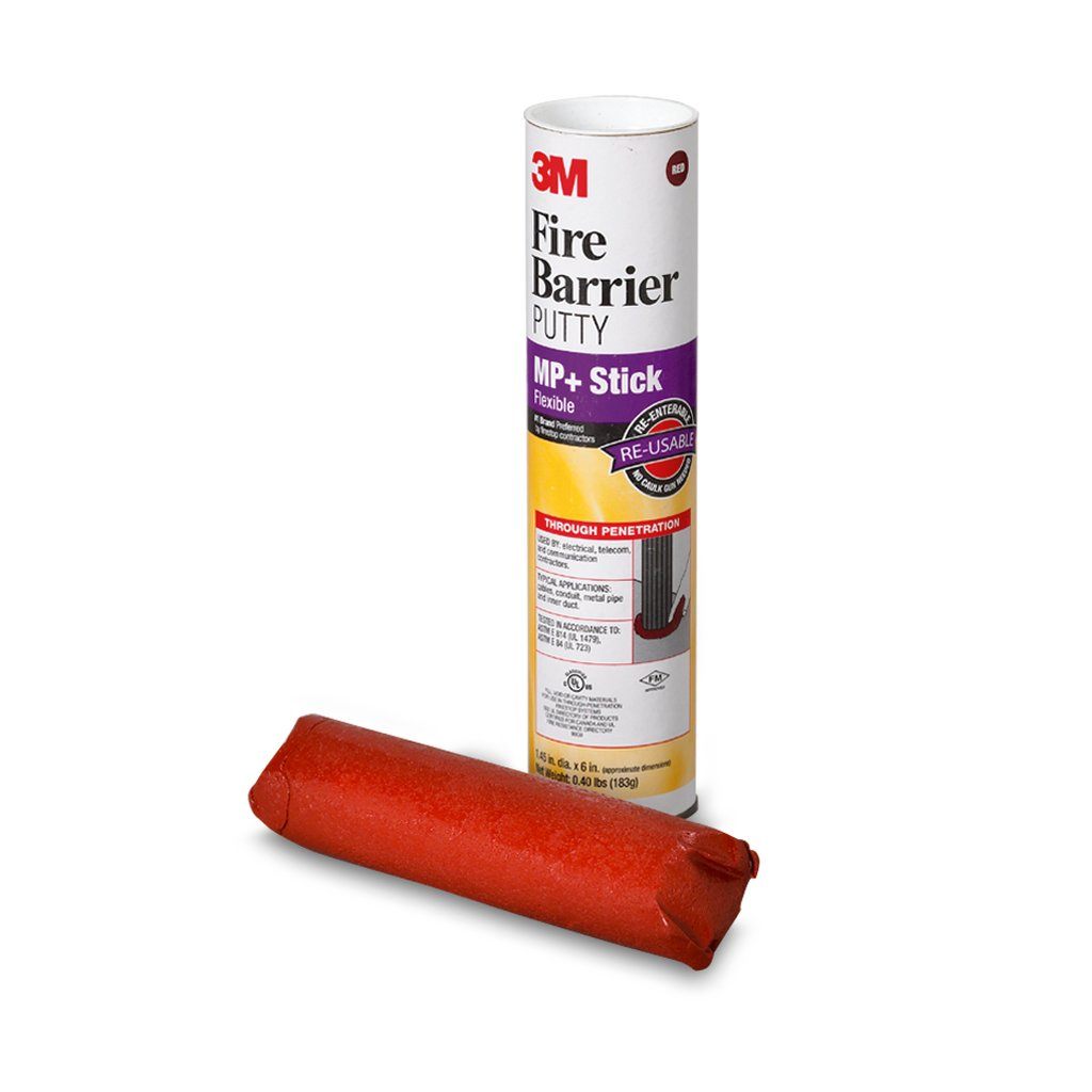 3M™ Fire Barrier Moldable Putty Stix MP+ is a one-part, re-enterable, intumescent putty that can be easily formed to firestop through penetrations and blank openings in fire-rated assemblies. We formulated this dark red, easily moldable putty stick to provide up to 4 hours of fire protection. These putty stix also produce a draft and cold smoke seal and help reduce noise transfer.