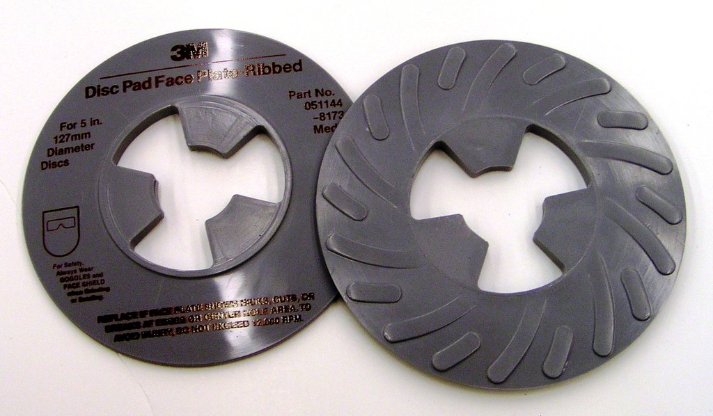 3M™ Disc Pad Face Plate backs a same size fiber disc (sold separately) to provide firm support and the force required for grinding applications. It is used in conjunction with a disc pad hub (sold separately), which attaches to the power tool, and held into place along with the appropriate disc using a retainer nut (sold separately).