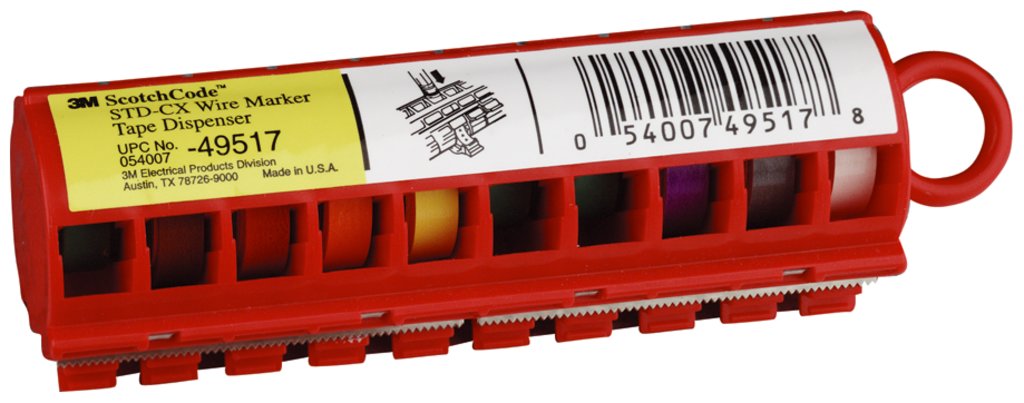 3M™ ScotchCode™ Wire Marker Tape Dispenser STD is a compact, carry-along dispenser with ten refillable compartmentswhich hold eight-foot rolls of non-smear polyester tape. The tape’s high tack, acrylic adhesive resists solvents, oil and water and adh...