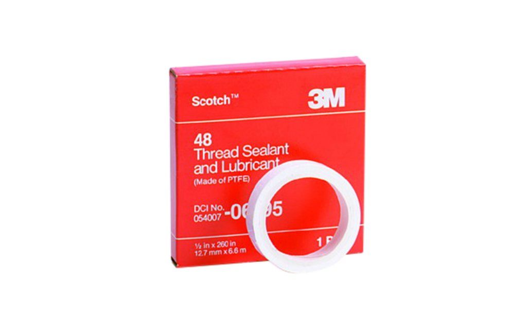 Scotch® Thread Sealant and Lubricant 48 is a white unfused plastic film made of polytetrafluoroethylene (PTFE). This fluorocarbon resin film tape  designed to provide a leak resistance seal when used as a pipe thread sealant. 1/2